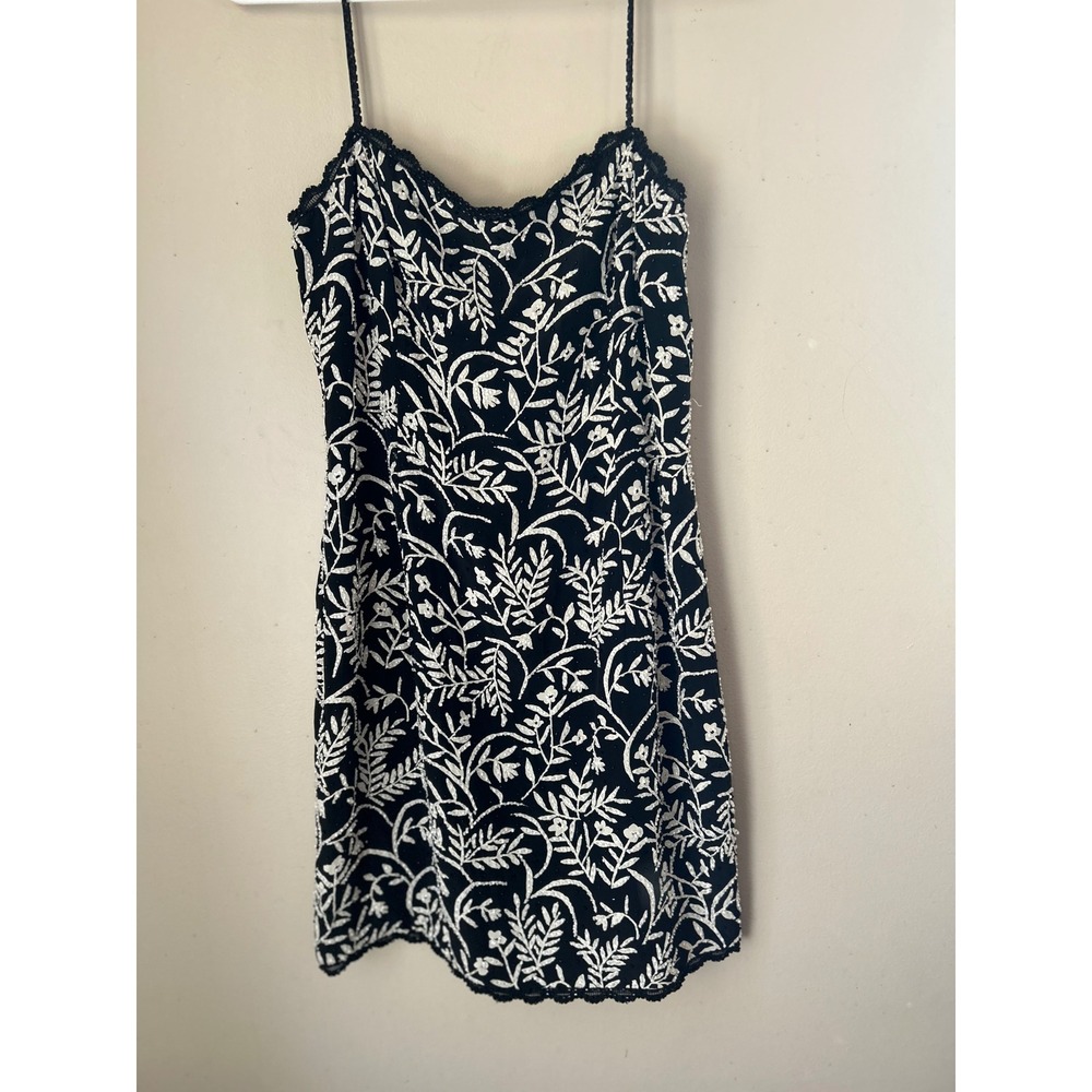 Vintage Black Tie Oleg Cassini Silk Beaded Floral Mini Slip Dress Glam Party‎